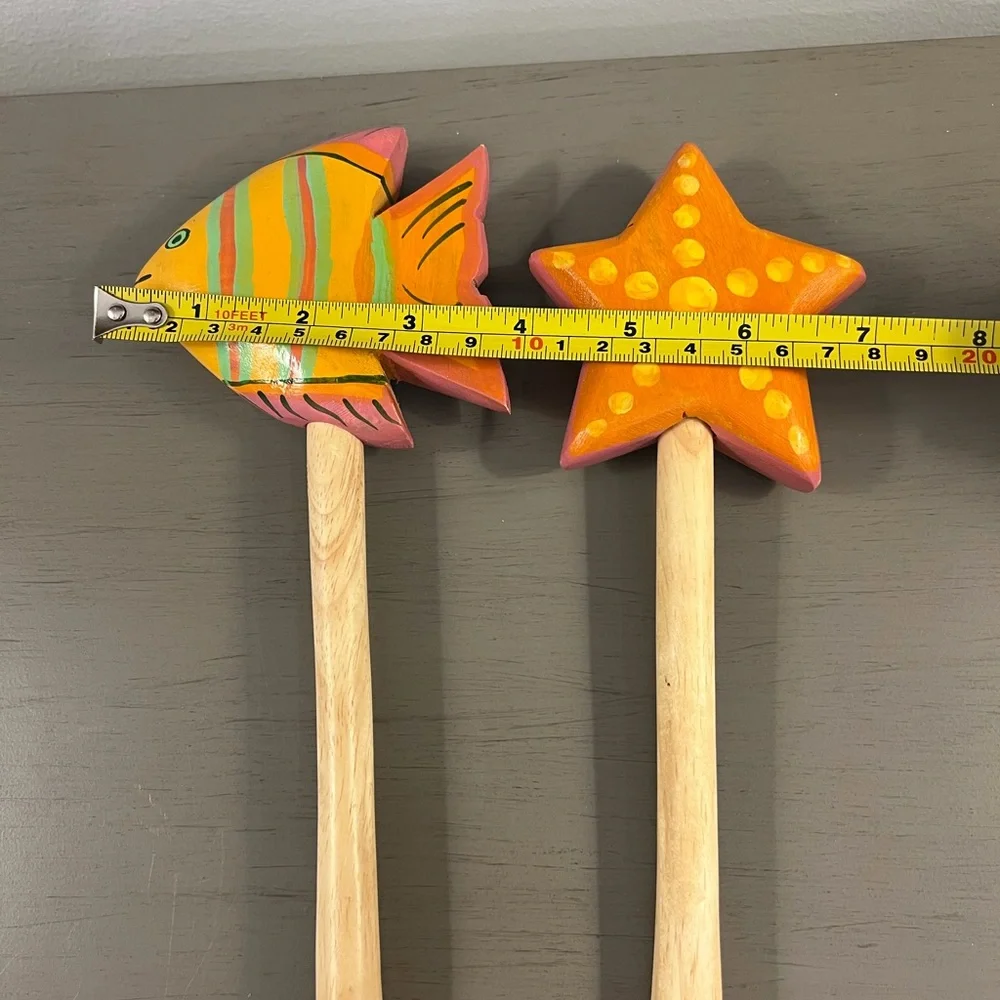 Wooden Fish & Starfish Salad Serving Utensils Wooden Handle Spoon Fork